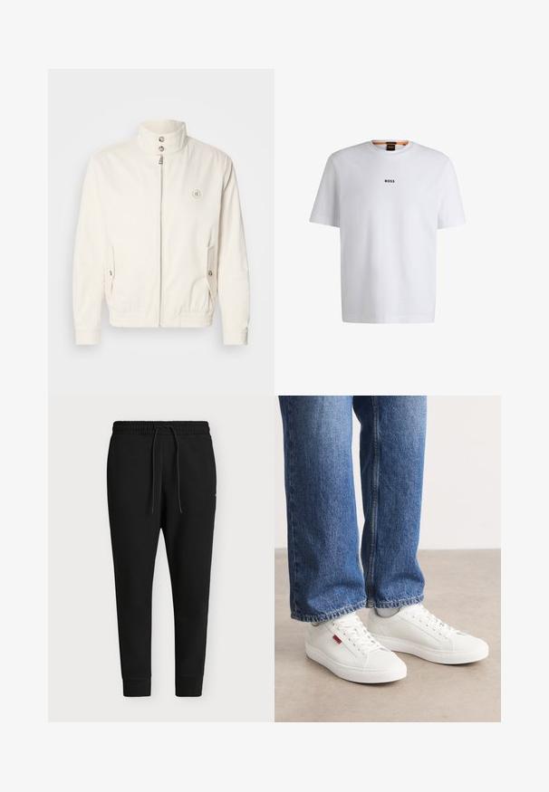 Veste légère blanche avec un col haut, fermeture éclair à l'avant, deux poches latérales et des poignets élastiques. Présente un logo sur la poitrine gauche.; T-shirt en coton blanc à manches courtes, avec un logo noir "BOSS" centré sur la poitrine et un design à col rond.; Pantalon de jogging noir avec taille élastique, cordon de serrage, chevilles resserrées et coupe décontractée, présenté sur un fond uni.; Baskets blanches avec une surface lisse, un bout rond et une semelle plate. Accompagnées d'un jean en denim bleu avec une coupe droite et des coutures visibles.