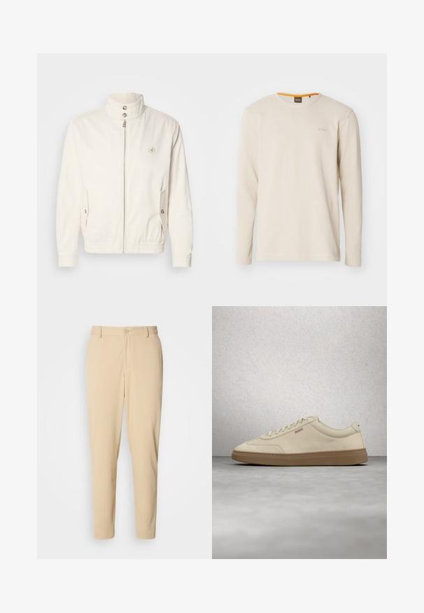 Hvid letvægtsjakke med høj krave, lynlås foran, to sidelommer og elastiske manchetter. Har et logo på venstre bryst.; Lys beige langærmet t-shirt lavet af struktureret stof. Har en rund hals og et lille logo på brystet med en orange detalje indeni kraven.; Beige bukser med struktur i slim fit, med knaplukning foran, bæltestropper og sidelommer. Glat stoffinish.; Lyse beige ruskindssneaker med gummisål i farven gum, tydelige snørebånd og fine syningsdetaljer. Ren design med et minimalistisk æstetisk udtryk.