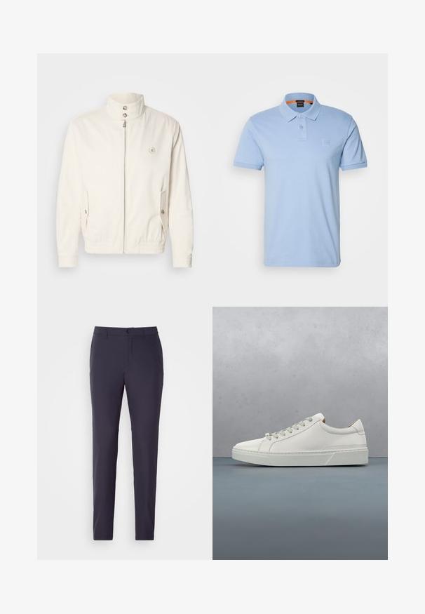 Weiße leichte Jacke mit hohem Kragen, Frontreißverschluss, zwei Seitentaschen und elastischen Bündchen. Mit einem Logo auf der linken Brust.; Himmelblaues Poloshirt aus Baumwolle. Verfügt über einen klassischen Kragen, zwei Knöpfe und ein kleines Logoplatzchen auf der Brust. Kurze Ärmel.; Marineblaue Hose mit geradem Schnitt, aus einem glatten Stoff gefertigt. Verfügt über einen Knopfverschluss, seitliche Taschen und ein flaches Frontdesign.; Weißes Leder-Sneaker mit abgerundetem Zehenbereich, minimalistisches Design, graue Schnürsenkel und einer strukturierten grauen Gummisohle. Dezente Nähte sichtbar.