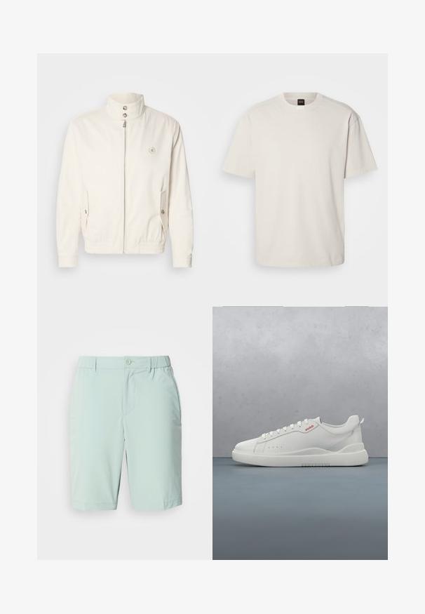 Veste légère blanche avec un col haut, fermeture éclair à l'avant, deux poches latérales et des poignets élastiques. Présente un logo sur la poitrine gauche.; T-shirt à manches courtes et col rond en coton blanc cassé, présentant une coupe droite et un marquage minimal sur le col. Texture douce, sans motifs.; Shorts bleu clair en tissu lisse, dotés d'une fermeture à bouton, de poches avant et d'une ceinture confortable sans motifs visibles.; Sneaker blanche avec une finition en cuir lisse, bout rond, quatre œillets, perforations subtiles et un détail de logo rouge sur le côté.