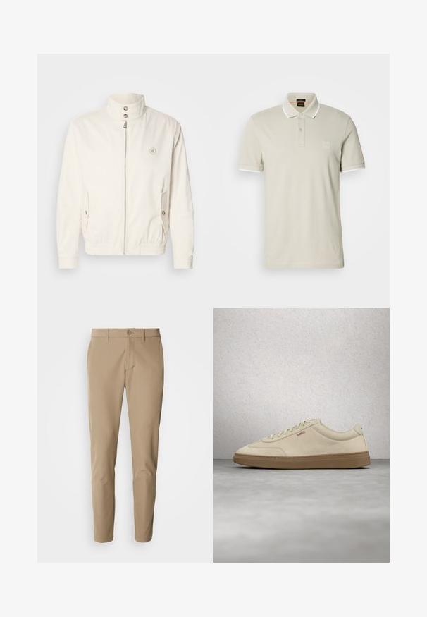 Weiße leichte Jacke mit hohem Kragen, Frontreißverschluss, zwei Seitentaschen und elastischen Bündchen. Mit einem Logo auf der linken Brust.; Hellbeiges Poloshirt aus Baumwolle. Verfügt über einen klassischen Kragen, eine Zweiknopfleiste und kontrastierende weiße Manschetten. Mit einem Logo-Patch versehen.; Beige Hose aus glattem Stoff mit geradem Schnitt, ausgestattet mit einem Knopfverschluss und frontalen Taschen, ergänzt durch Gürtelschlaufen.; Hellbeiger Wildledersneaker mit Gummisohle, auffälligen Schnürsenkeln und dezenten Nahtdetails. Sauberes Design mit minimalistischem Ästhetik.