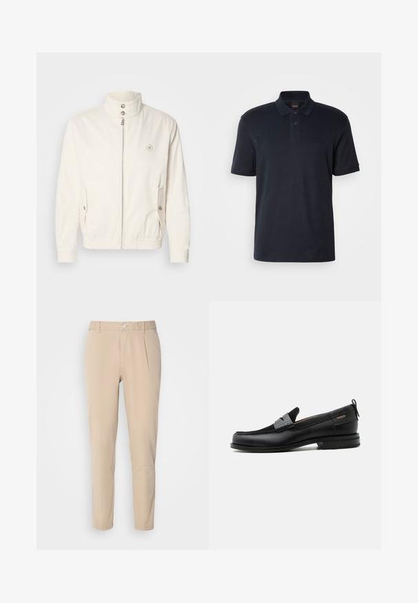 Weiße leichte Jacke mit hohem Kragen, Frontreißverschluss, zwei Seitentaschen und elastischen Bündchen. Mit einem Logo auf der linken Brust.; Navyblaues Poloshirt aus Baumwolle, mit klassischem Kragen, kurzen Ärmeln und einem dezenten Logo auf der Brust. Glatte Textur.; Beige Hosen mit schmaler Passform, aus gewebtem Material. Sie verfügen über einen einzelnen Knopfverschluss, eine gefalte Vorderseite und gerade Beine.; Schwarzer Lederloafer mit grauem Riemendetail, niedrigem Absatz und strukturierter Sohle, seitlich mit „HUGO“ in Gold gebrandmarkt.