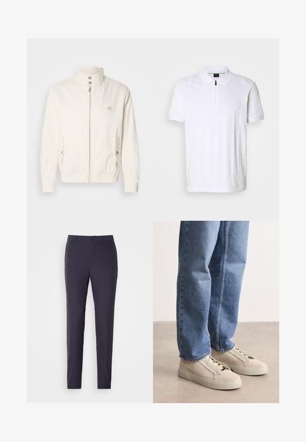 Weiße leichte Jacke mit hohem Kragen, Frontreißverschluss, zwei Seitentaschen und elastischen Bündchen. Mit einem Logo auf der linken Brust.; Weißes Poloshirt mit Reißverschlusskragen, das ein dezentes geometrisches Muster, kurze Ärmel und ein kleines Logo auf der Brust aufweist. Eignet sich gut für die Freizeit.; Marineblaue Hose mit geradem Schnitt, aus einem glatten Stoff gefertigt. Verfügt über einen Knopfverschluss, seitliche Taschen und ein flaches Frontdesign.; BOSS GARYTENN_SDHDEL - Sneaker low - natural ten