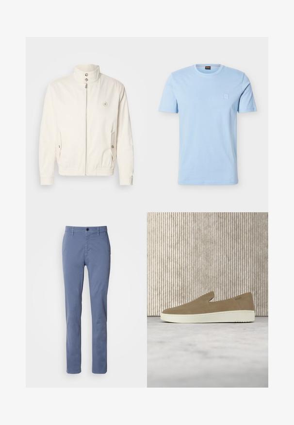 Veste légère blanche avec un col haut, fermeture éclair à l'avant, deux poches latérales et des poignets élastiques. Présente un logo sur la poitrine gauche.; T-shirt bleu clair à manches courtes avec un col rond, orné d’un petit logo carré embossé sur la poitrine gauche et d’une étiquette de cou de marque.; Pantalons droits bleus avec fermeture à bouton et à zip, passants de ceinture et poches avant, présentés sur un fond blanc.; Chaussure beige sans lacets avec semelle blanche, présentée en suspension sur un tapis clair avec un mobilier transparent de couleur ambre en arrière-plan.