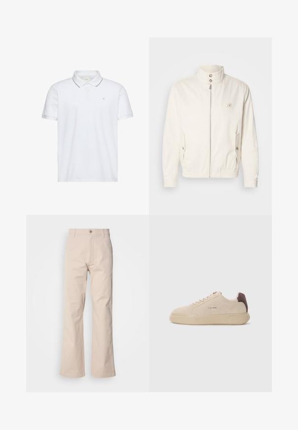 Weiße leichte Jacke mit hohem Kragen, Frontreißverschluss, zwei Seitentaschen und elastischen Bündchen. Mit einem Logo auf der linken Brust.; Weißes Poloshirt mit kurzen Ärmeln, Zwei-Knopf-Leiste, grauem Besatz an Kragen und Bündchen sowie kleinem auf der Brust aufgesticktem "ck"-Logo.; Beige Baumwollhosen mit geradem Beinschnitt, ausgestattet mit einem Knopfverschluss, vorderen Taschen und minimaler Stichdetails.; Beige Wildleder-Sneaker mit runder Spitze, Schnürung vorne und einem braunen Wildlederakzent an der Ferse. Verfügt über eine strukturierte Gummisohle.
