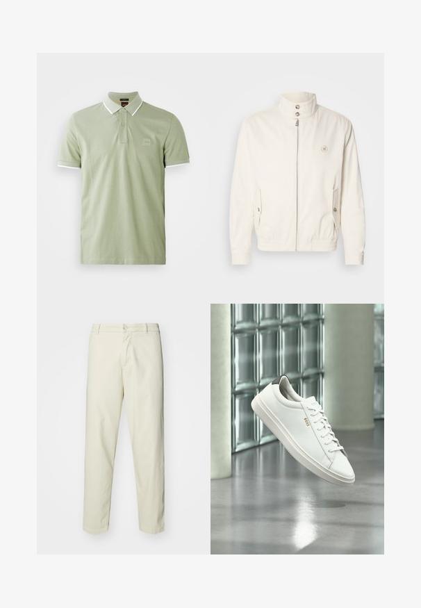 Veste légère blanche avec un col haut, fermeture éclair à l'avant, deux poches latérales et des poignets élastiques. Présente un logo sur la poitrine gauche.; Polo shirt vert clair en coton, avec un col classique, une patte de boutonnage à deux boutons et des finitions blanches au col et aux manches. Logo carré sur la poitrine.; Pantalon en coton beige clair avec une coupe droite, dotés d'une fermeture à bouton à l'avant et de poches standard, texture lisse et sans motifs.; Baskets basses en cuir blanc avec lacets, languette de talon noire et logo « BOSS », flottant à l'intérieur près d'un mur en blocs de verre et d'un sol poli.