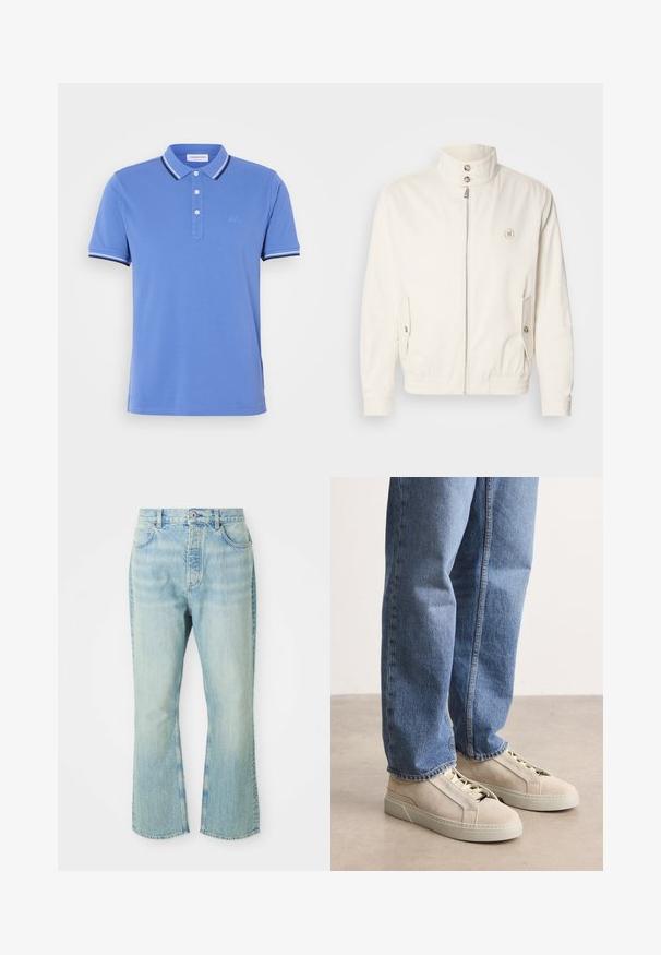 Weiße leichte Jacke mit hohem Kragen, Frontreißverschluss, zwei Seitentaschen und elastischen Bündchen. Mit einem Logo auf der linken Brust.; Blaues Poloshirt aus Baumwolle mit einer Knopfleiste mit drei Knöpfen, kontrastierenden weißen und marineblauen Streifen am Kragen und an den Ärmelabschlüssen.; Hellblaue, ausgestellte Jean mit hoher Taille, ausgestattet mit fünf Taschen, Gürtelschlaufen und einem ausgewaschenen Denim-Look.; BOSS GARYTENN_SDHDEL - Sneaker low - natural ten