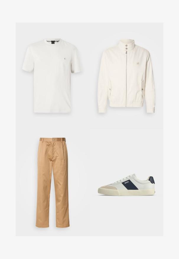 Veste légère blanche avec un col haut, fermeture éclair à l'avant, deux poches latérales et des poignets élastiques. Présente un logo sur la poitrine gauche.; T-shirt en coton blanc avec un col rond, des manches courtes et une petite étiquette logo sur la poitrine gauche. Texture lisse, coupe régulière.; Pantalons khaki, en mélange de coton, coupe droite, plis avant, passants de ceinture et fermeture à bouton. Texture lisse sans motifs.; Baskets basses blanches avec bout beige, bande latérale bleu marine marquée BOSS, lacets blancs et semelle en caoutchouc sur fond neutre.