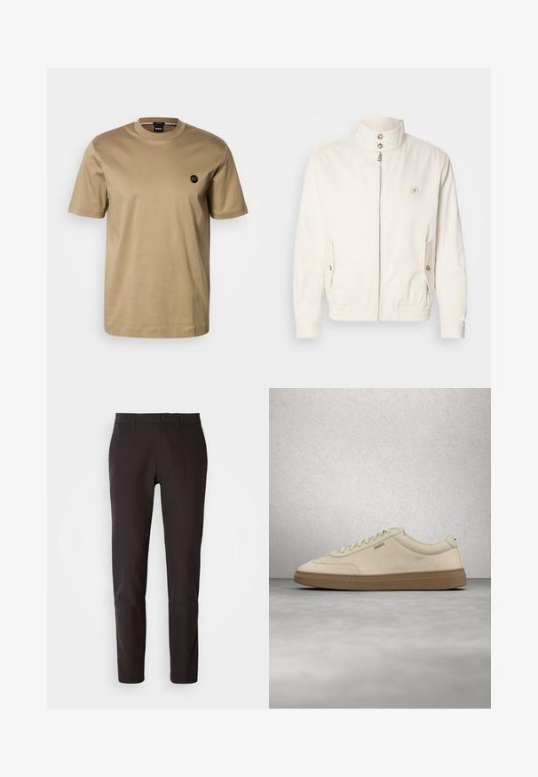 Veste légère blanche avec un col haut, fermeture éclair à l'avant, deux poches latérales et des poignets élastiques. Présente un logo sur la poitrine gauche.; T-shirt à manches courtes couleur fauve, en coton, avec un col rond et un petit logo noir sur la poitrine gauche. Texture lisse, coupe décontractée.; Pantalons noirs en tissu lisse, à coupe droite, avec une taille standard dotée d'une fermeture à bouton, sans poches ni motifs visibles.; Baskets en daim beige clair avec une semelle en caoutchouc gomme, des lacets prononcés et des détails de couture subtils. Design épuré avec une esthétique minimaliste.