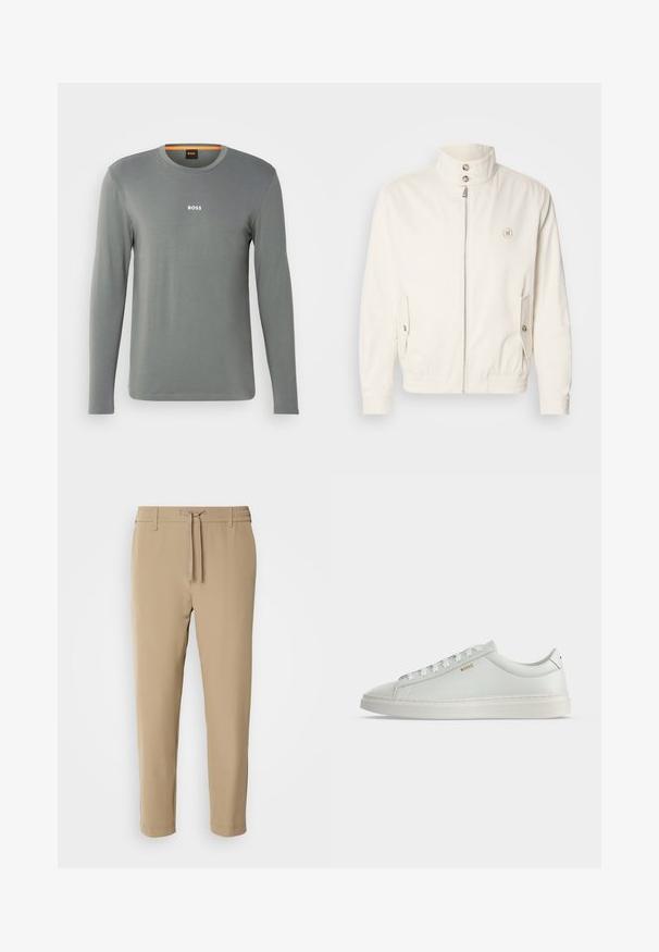 Veste légère blanche avec un col haut, fermeture éclair à l'avant, deux poches latérales et des poignets élastiques. Présente un logo sur la poitrine gauche.; Chemise à manches longues en tissu gris clair, dotée d'un col rond et d'un petit logo blanc "BOSS" sur la poitrine, texture lisse avec des détails minimalistes.; Pantalons beiges fuselés avec une taille élastique et un cordon de serrage. Tissu lisse avec un design épuré et sans motifs ni accessoires visibles.; Baskets basses blanches en cuir avec lacets, semelle plate et petit logo doré "BOSS" sur le côté, vues de l'extérieur.