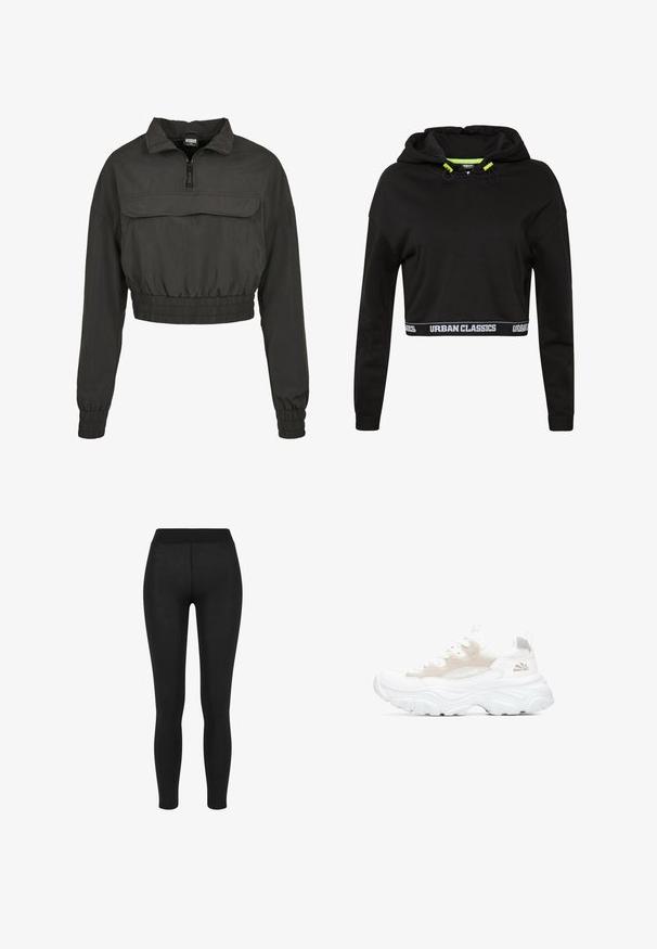 Chaqueta cortavientos negra, con cuello alto, cierre frontal y cinturilla y puños elásticos. Presenta un bolsillo delantero.; Sudadera negra corta hecha de tela suave, con capucha ajustable y detalles en verde, además de una cinta con logo blanco a lo largo del dobladillo.; Leggings negros con una tela suave, cintura alta, diseño ajustado y sin costuras visibles, adecuados para uso casual o deportivo.; Zapatilla deportiva blanca con material de malla y goma, suela gruesa, punta redonda y diseño en capas. Presenta cordones y logo en el lateral.