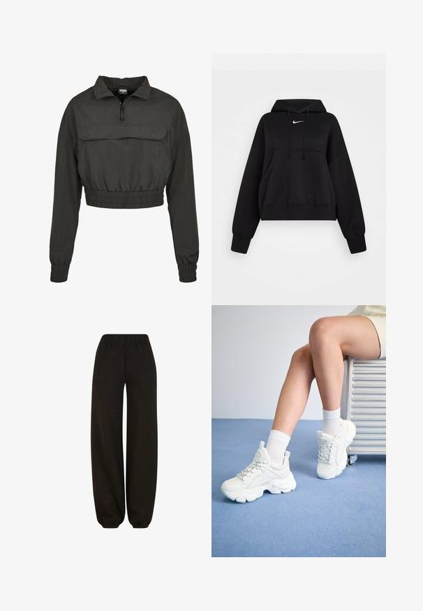 Veste coupe-vent noire raccourcie avec col haut, fermeture éclair à l'avant et taille et poignets élastiqués. Dispose d'une poche avant.; Hoodie noir court en tissu doux, avec une capuche à cordon, poche kangourou avant et un petit logo Nike blanc sur la poitrine.; Pantalons de jogging larges noirs en tissu doux, dotés d'une ceinture élastique et de poignets élastiques aux chevilles pour un ajustement confortable.; Baskets blanches à lacets avec une semelle épaisse, en matériau synthétique lisse, accents texturés et une languette au niveau du talon.