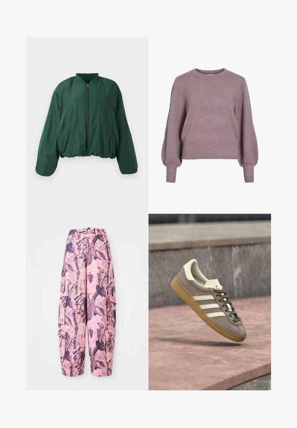 Vihreä pommijakku, jossa on vetoketjukiinnitys, ribattu kaulus ja sivutaskut. Ominaisuuksiin kuuluu lyhyt leikkaus ja sileä kangastunne.; Neulottu pullover villapaita pehmeässä purppurassa, jossa on pyöreä pääntie, pitkät palloselkäiset hihat, sekä ribbireunus ja hihansuut, jotka tarjoavat tekstuuria.; Vaaleanpunaiset ja violetti kuviolliset leveälahkeiset housut, joissa on lehdet ja oksat -kuvio, korkea vyötärö ja sivutaskut lisäämään käytännöllisyyttä.; Vaaleanruskea mokkanahkainen Adidas-tennari valkoisilla raidoilla ja kuminauhalla varustettu pohja, roikkuu vaaleanpunaisten kivisten rappusten yläpuolella ulkona.