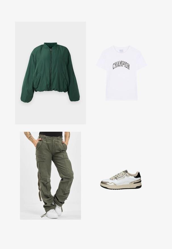 Groene bomberjack met een ritssluiting aan de voorkant, geribbelde kraag en zijzakken. Heeft een cropped silhouet en een gladde stofstructuur.; Wit T-shirt met korte mouwen en zwart-witte, patroonachtige tekst "CHAMPION" die gebogen over de borst loopt.; Olijfgroene cargobroek met meerdere zakken, een taille met trekkoord en een relaxte pasvorm. De stof heeft een zachte textuur en een stevige, duurzame uitstraling.; Witte en gouden sneaker met zwarte accenten, voorzien van glad leer, een ronde neus, vetersluiting en een gestructureerde rubberen zool.
