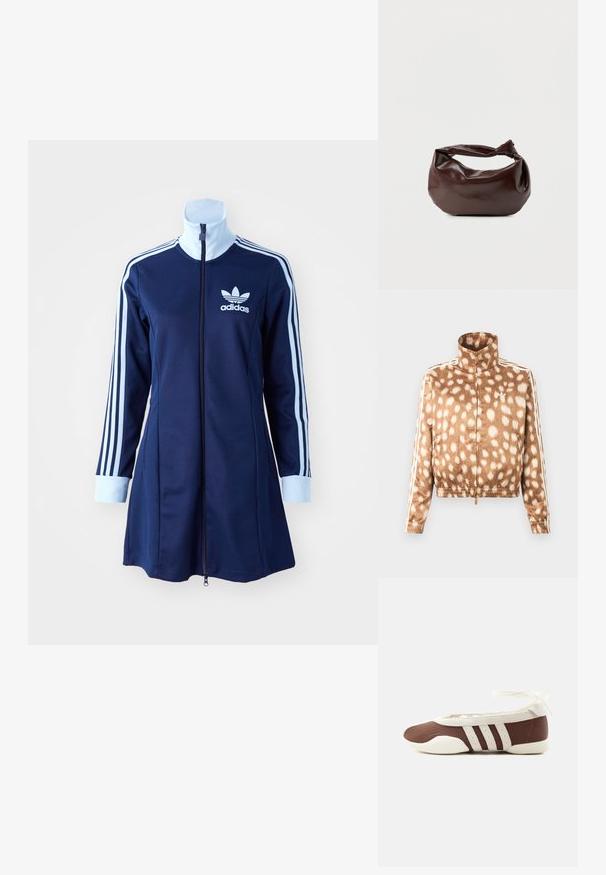 Pruun tõmblukuga jakk valgete täpiliste mustritega, kõrge krae, elastsete mansettide ja valgete Adidas triipudega varrukatel.; Tumesinine adidas'i kapuutsi kleit pika varrukaga, helesinised triibud käte peal ja logo rinnal. Sile kangas sportliku disainiga.; Pruun ja valge baleriinjalanõu, millel on kolm valget triipu ja pahkluu paelaga lips, helel taustal.; Tumepruunast nahast õlakott, pehme ja lõdva vormiga, keeratud sõlme tüüpi sangaga, valgel ühevärvilisel taustal.
