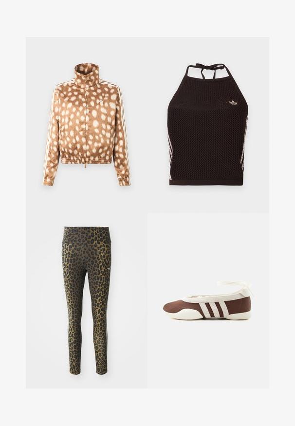 Hnedá bunda na zips s bielym škvrnitým vzorom, vysokým golierom, elastickými manžetami a bielymi pásmi Adidas na rukávoch.; Čierny sieťovaný crop top so štruktúrovaným dizajnom. Má ružové akcentové pruhy a malú logo na prednej strane. Zaviazanie na chrbte.; Legíny s leopardím vzorom s vysokým pásom, elastickou tkaninou a čiernymi akcentmi na svetlohnedom podklade, navrhnuté pre pohodlie a prispôsobenie.; Hnedá a biela baletná balerína s tromi bielymi pruhmi a mašľou na zviazanie okolo členku na jednoduchom svetlom pozadí.