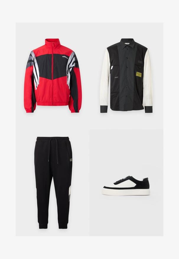 Rød og sort Adidas vindjakke med lynlås, høj krave og hvide striber på ærmerne, vist fladt på en hvid baggrund.; Skjorte med knapper, opdelt i sorte og hvide sektioner, med en lomme på den sorte side, teksturerede hvide striber på ærmet og mærkede patches.; Sorte joggerbukser med elastisk talje og snøre, der har sidelommer, manschetter ved anklerne og lille hvidt logo på øverste lår.; Lave sneakers med sort ruskind og hvide læderpaneler, sorte snørebånd og tyk hvid gummisål, vist fra ydersiden.