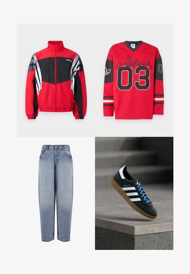 Červeno-čierna vetrovka Adidas na zips s vysokým golierom a bielymi pruhmi na rukávoch, zobrazená položená na bielom pozadí.; Dlhý športový dres s červenými a čiernymi rukávmi, na ktorom je veľké číslo „03“, logo Adidas na rukávoch a nápis v štýle podpisu cez hruď.; Modré rifle z denimu s vysokým pásom, voľným strihom, prednými vreckami, pútkami na opasok, zapínaním na gombíky a vyblednutými detailmi pozdĺž nôh.; Čierna teniska Adidas s bielymi pruhmi, modrými šnúrkami a gumovou podrážkou, ktorá sa vznáša nad sivým betónovým schodom v mäkkom svetle.