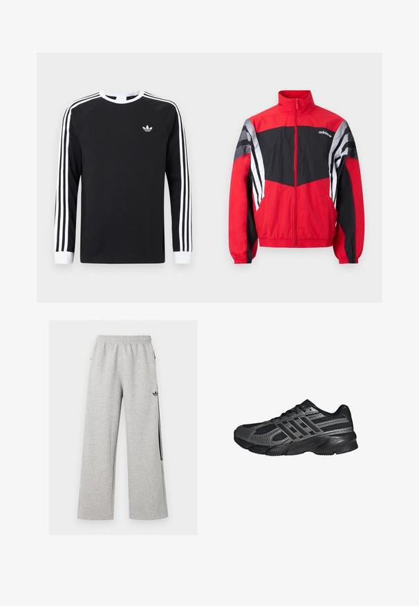 Rød og sort Adidas vindjakke med lynlås, høj krave og hvide striber på ærmerne, vist fladt på en hvid baggrund.; Sort langærmet T-shirt med hvidt trestribet design på ærmerne. Har rund halsudskæring og et lille hvidt logo på brystet.; Lysegrå vidtløftede joggingbukser med elastisk talje og sort Adidas trefoil-logo på højre lår.; Sorte træningssko lavet af mesh og syntetiske materialer, med en tekstureret overflade, flere grå striber og en polstret krave.