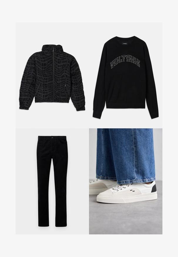 Zwarte gezoomde jas met een herhalend tekstpatroon van "Versace Jeans." Het materiaal heeft een textuurachtige uitstraling, met gerimpelde mouwen en kraag.; Zwarte trui met een ronde hals en lange mouwen. "VOLTAIRE" in contrasterend stiksel over de borst. Zachte textuur en een aansluitend ontwerp.; Zwarte corduroy broek met een rechte pijpdesign, voorzien van zijzakken en een metalen knoopsluiting. Zachte textuur met verticale ribbels.; Witte en zwarte sneakers met een glad leren bovenwerk, textuuraccenten en een chunky witte zool. Heeft een klassiek vetersluiting ontwerp.