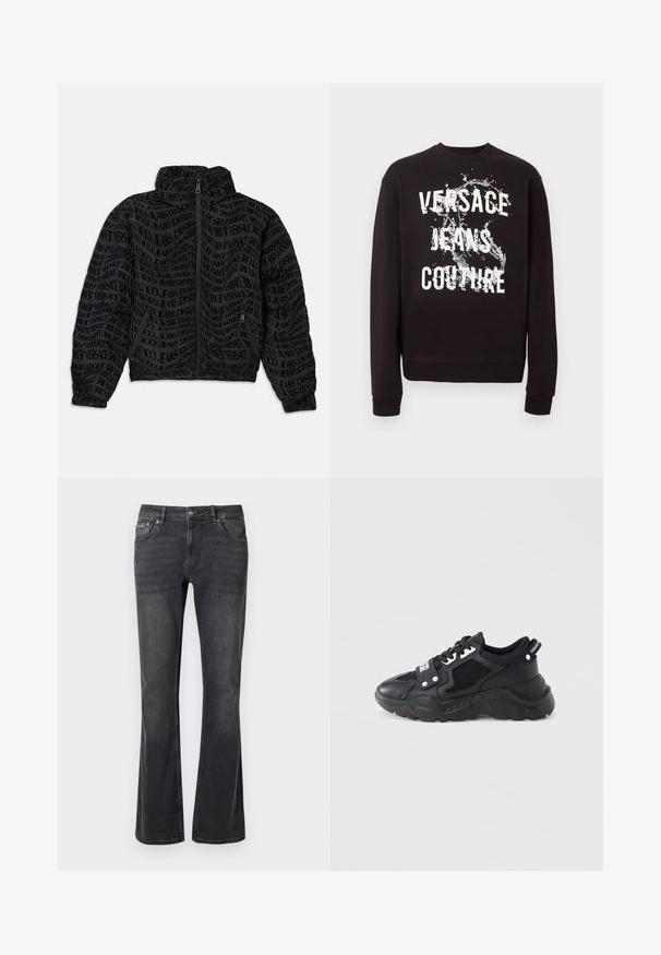 Sort lynlåsjakke med et gentaget tekstmønster af "Versace Jeans." Materialet har en struktureret overflade, med sammensunkne ærmer og krave.; Sort langærmet sweatshirt med hvid "Versace Jeans Couture"-tekst og vandsprøjt-grafik på forsiden. Ribstrikkede manchetter og kant.; Sorte denimbukser med en flared design, fem lommer og metalknaplukning. Stoffet har en glat tekstur med subtil slid.; Sort sneaker med en kraftig sål, der har meshpaneler og læderdetaljer. Indeholder hvide snørebånd og mærke på siden.