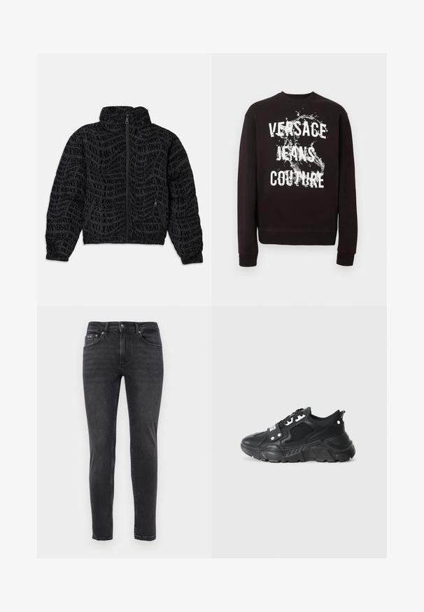 Schwarze Jacke mit Reißverschluss, die ein sich wiederholendes Textmuster mit "Versace Jeans" zeigt. Das Material hat eine strukturierte Optik, mit gerafften Ärmeln und Kragen.; Schwarzes Sweatshirt mit langen Ärmeln, vorne mit weißem Schriftzug "Versace Jeans Couture" und Wasserspritz-Grafik. Gerippte Bündchen und Saum.; Schmal geschnittene schwarze Jeans mit fünf Taschen und einem Knopf- und Reißverschluss, vor einem schlichten weißen Hintergrund präsentiert.; Schwarzer Sportschuh mit einem strukturierten Mesh-Panel, dickem Gummi-Sohle, kontrastierenden Akzenten und einer Schnürung. Verfügt über eine Ziehschlaufe an der Rückseite.
