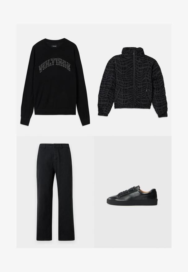 Sort lynlåsjakke med et gentaget tekstmønster af "Versace Jeans." Materialet har en struktureret overflade, med sammensunkne ærmer og krave.; Sort sweater med rund hals og lange ærmer. "VOLTAIRE" i kontrasterende syning hen over brystet. Blød tekstur og tætsiddende design.; Sorte bomuldsbukser med lige ben design, der har en enkelt frontal knaplukning og standard bæltestropper. Glat tekstur.; Sorte lædersneakers med en glat overflade, rund tå og snørebåndslukning. Har en tyk gummisål og minimal branddetalje.