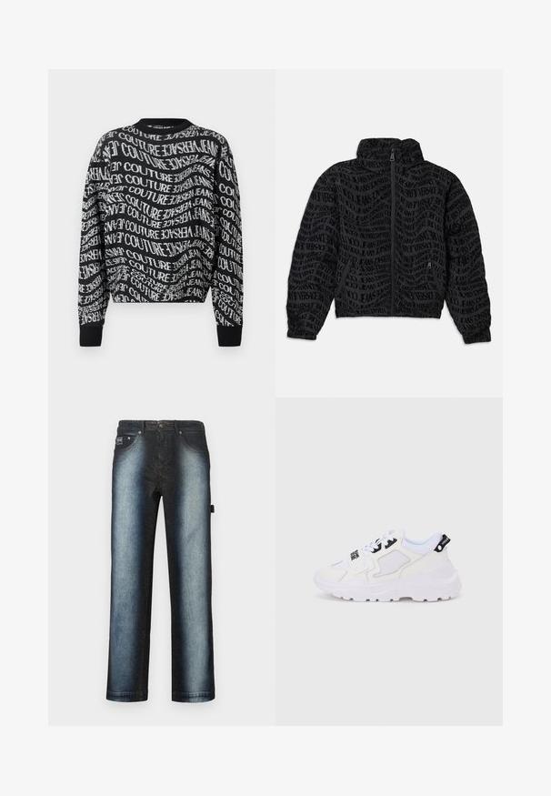 Sort lynlåsjakke med et gentaget tekstmønster af "Versace Jeans." Materialet har en struktureret overflade, med sammensunkne ærmer og krave.; Sort langærmet crewneck sweater med hvidt forvrænget gentaget tekst "Versace Jeans Couture" over hele stoffet.; Mørkeblå jeans med et ombré-design, der går fra dyb sort til en lysere blå, med en standard fem-lomme stil og en lys vasketekstur.; Hvide atletiksneakers med en chunky sål, mesh og syntetisk overdel, sorte accentdetaljer og snørebånd. Tekstureret design og logo på hælen.