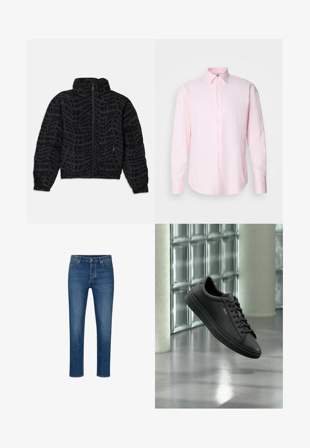 Schwarze Jacke mit Reißverschluss, die ein sich wiederholendes Textmuster mit "Versace Jeans" zeigt. Das Material hat eine strukturierte Optik, mit gerafften Ärmeln und Kragen.; Helles rosa Langarmhemd aus strukturiertem Stoff, mit einem klassischen Kragen und Knopfverschluss vorne.; Blaue Denim-Jeans mit geradem Schnitt, ausgestattet mit fünf Taschen, Gürtelschlaufen und einem Knopfverschluss. Leichte Abnutzungsspuren und kontrastierende Nähte.; Schwarzer flacher Ledersneaker mit schwarzen Schnürsenkeln und goldenem BOSS-Logo an der Seite, schwebend über einem glänzenden grauen Boden in einem modernen Innenraum.