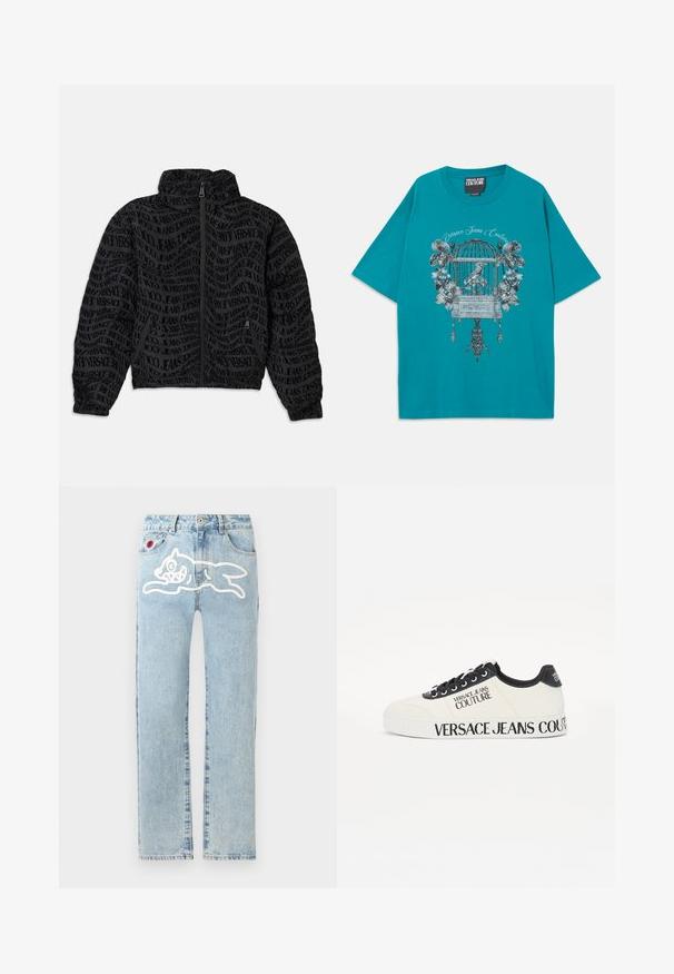 Sort lynlåsjakke med et gentaget tekstmønster af "Versace Jeans." Materialet har en struktureret overflade, med sammensunkne ærmer og krave.; Teal løs pasform t-shirt med et detaljeret sølvfuglebur, blomsterdesign og "Versace Jeans Couture" tekst på forsiden.; Icecream RUNNING DOG PANT - Jeans Straight Leg - heavy wash blue; Hvide kanvas sneakers med sorte accenter, der har en tekstureret overdel, sorte snørebånd og iøjnefaldende "Versace Jeans Couture" branding på siden og sålen.