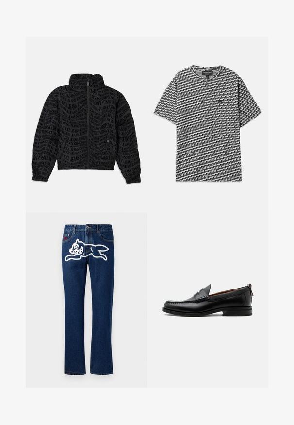 Sort lynlåsjakke med et gentaget tekstmønster af "Versace Jeans." Materialet har en struktureret overflade, med sammensunkne ærmer og krave.; Sort og hvid kortærmet T-shirt med bølgemønster, rund hals og afslappet pasform. Fremstillet af blødt bomuldsstof.; Blå denim jeans med lige ben, der har et stort hvidt grafisk motiv af et springende væsen på den bageste lomme. Standard femlomme-design.; Sort læder herre loafer med moc-tå syning, penny strop, struktureret krave og lav stablet hæl på hvid baggrund.