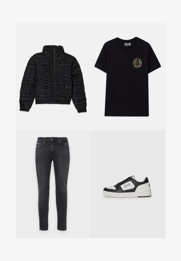 Chaqueta negra con cremallera que presenta un patrón de texto repetido de "Versace Jeans". El material tiene una apariencia texturizada, con mangas y cuello fruncidos.; Camiseta de algodón negra con cuello redondo y mangas cortas. Presenta un logo circular dorado en el lado izquierdo del pecho. Diseño simple y sin adornos.; Jeans de denim negros ajustados con cinco bolsillos y cierre de botón y cremallera, exhibidos sobre un fondo blanco liso.; Zapatilla en blanco y negro con parte superior de cuero liso, caja de dedos perforada, panel blanco en contraste y detalle del logotipo en el costado y el talón.