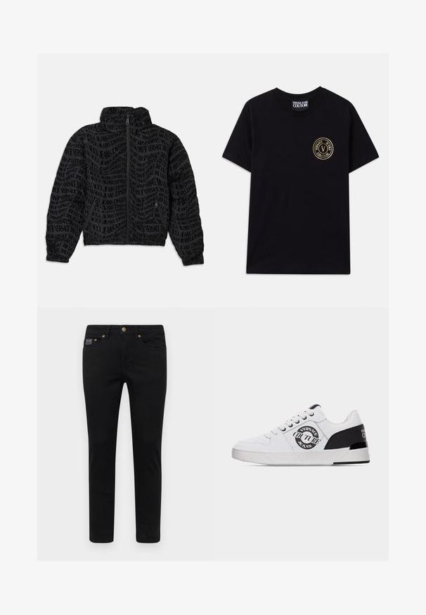 Čierna zipsová bunda so vzorom opakujúcim sa textu "Versace Jeans." Materiál má textúrovaný vzhľad, so zbalenými rukávmi a golierom.; Čierne bavlnené tričko s okrúhlym výstrihom a krátkymi rukávmi. Na ľavej hrudi je zlaté kruhové logo. Jednoduchý, nezdobený dizajn.; Čierne džínsy so slim fit strihom, ktoré majú gombíkový uzáver, päť vreciek a zlaté kovové doplnky. Materiál je hladký s jednofarebným dizajnom.; Biele nízke tenisky s čiernym akcentom na päte, šnurovacím predkom a logom "Versace Jeans Couture" na boku a na zadnej strane.