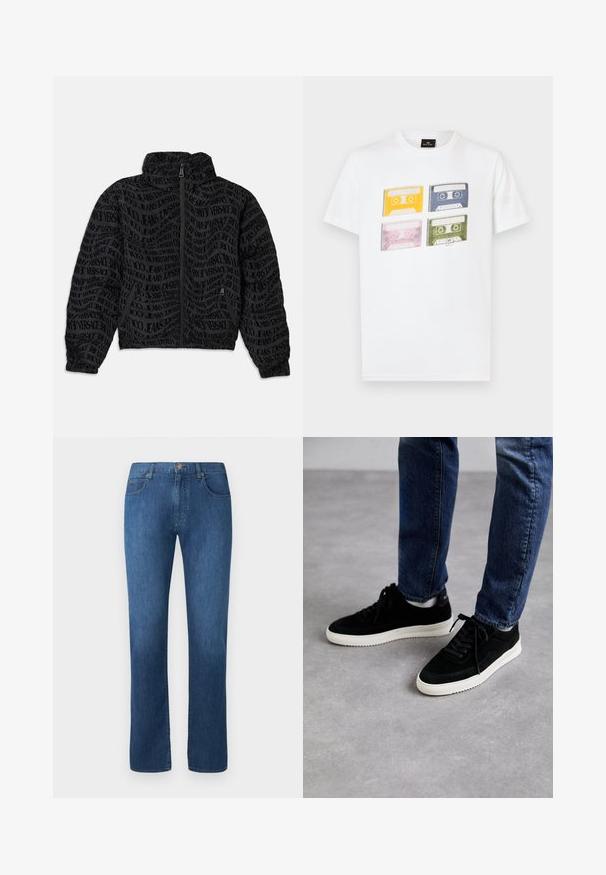 Musta vetoketjullinen takki, jossa on toistuva teksti "Versace Jeans". Materiaalilla on teksturoitu ulkonäkö, ja hihnat sekä kaulus ovat kerrostettuja.; Valkoinen puuvillapaita, jossa on edessä neljä värillistä kasettia (keltainen, sininen, vaaleanpunainen, vihreä) erottuvilla retrotyyleillä ja etiketeillä.; Tummansinisiä farkkuja suoranlahkeisella muotoilulla, viidellä taskulla ja edessä napituksella. Lähes sileä pinta ja klassiset ompelutyylit.; Mustat mokkakengät, joissa on valkoinen kumipohja, klassinen matala muotoilu, pyöreä kärki ja litteät mustat nauhat.
