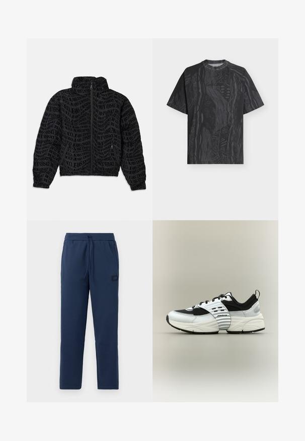 Zwarte gezoomde jas met een herhalend tekstpatroon van "Versace Jeans." Het materiaal heeft een textuurachtige uitstraling, met gerimpelde mouwen en kraag.; Zwart T-shirt met korte mouwen en ronde hals, met een subtiel donkergrijs abstract patroon en textuurstof, plat weergegeven tegen een lichte achtergrond.; Donkerblauwe joggingsbroek van een zachte katoenmix, met een elastische tailleband met trekkoord en een klein merkje op de heup.; Witte en zwarte lage sneaker met mesh- en leren panelen, dikke zool en geribde middenvoetband met opschrift "Jordan" op een neutrale achtergrond.