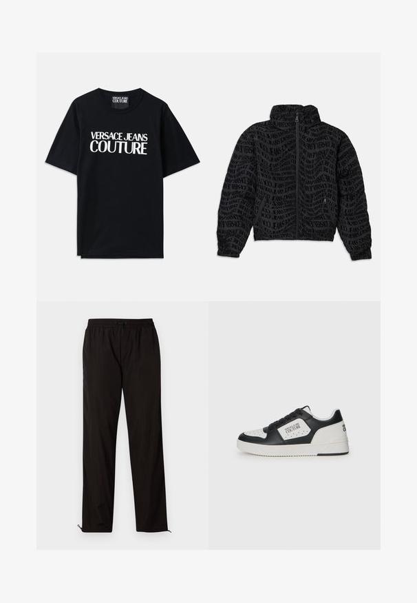 Must mustaga, millel on korduv tekstipattern "Versace Jeans." Materjal näeb välja struktureeritud, koos kokku volditud varruka ja kraega.; Mustmust värvi puuvillane T-särk lühikeste varrukatega, mille esiküljel on suur valge kiri "VERSACE JEANS COUTURE". Klassikaline ümarkaelus.; Mustad mustriga püksid elastse vöökoha, nööridega sulgemise ja reguleeritavate sääreotstega, millel on lukud. Sile ja läikiv tekstuur.; Mustvalge tennisjalanõud, millel on sile nahk üleosa, perforatsioonidega varbakuju, vastandina valge paneel ning logo detail külje- ja kandapooles.