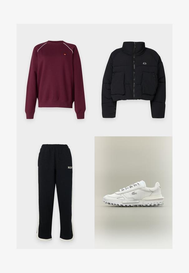 Sort cropped pufferjakke med høj krave, frontlynlås, to store klaplommer og et lille logo på venstre brystområde.; Bordeaux sweatshirt lavet af blødt stof, med hvid piping langs skuldrene og et lille broderet logo på brystet. Regular fit.; Sorte sweatpants med elastisk talje, hvide sidelister og et lille logo på forsiden. Fremstillet af et blødt, tekstureret stof.; Hvid lavtop sneaker med tekstureret sål, snøredesign og lille logo på siden mod en ens neutral baggrund.