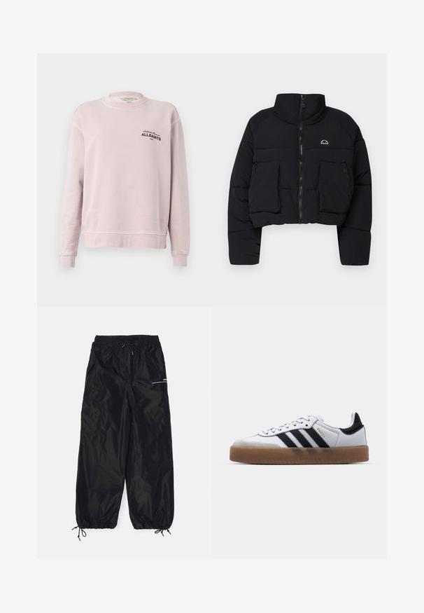 Sort cropped pufferjakke med høj krave, frontlynlås, to store klaplommer og et lille logo på venstre brystområde.; Lyserød langærmet sweatshirt med rund hals, ribkantede ærmegab og sort tekst "Infinite Summer ALLSAINTS London" på venstre bryst.; Sorte cargobukser lavet af blank nylon med elastisk talje, justerbar snor, sidelommer og elastiske manchetter.; Hvide lædersneakers med sorte striber, gummirubber sål, rund tå, snørelukning og blød grå ruskinds tåhætte.