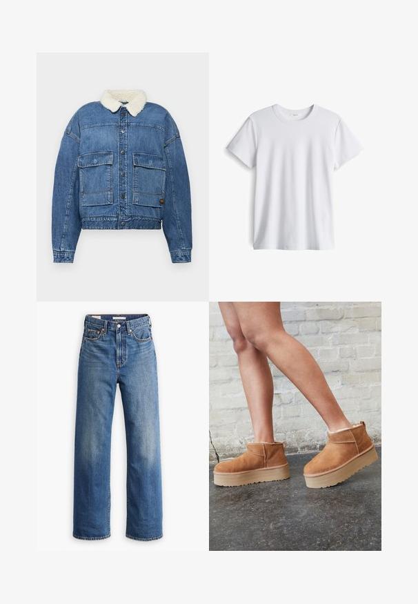 G-STAR DRIFTER JACKET - Jeansjacke - faded cliffside blue; Weißes Baumwoll-T-Shirt mit rundem Ausschnitt und kurzen Ärmeln. Weicher Stoff, gerader Schnitt, keine sichtbaren Logos oder Muster.; Hellblaue Jeans aus Denim mit hoher Taille, weitem Bein, klassischem Fünf-Taschen-Design und subtilen Verwaschungen im Stoff.; Braune Wildleder-Stiefeletten mit einem weichen Futter, dicker beige Plateau-Sohle und einer Zuglasche auf der Rückseite. Strukturiert Oberfläche mit sichtbaren Nähdetails.