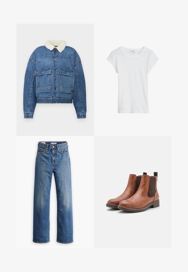 G-STAR DRIFTER JACKET - Jeansjacke - faded cliffside blue; Schlichtes weißes T-Shirt mit kurzen Ärmeln und rundem Halsausschnitt, flach liegend auf weißem Hintergrund dargestellt.; Hellblaue Jeans aus Denim mit hoher Taille, weitem Bein, klassischem Fünf-Taschen-Design und subtilen Verwaschungen im Stoff.; Braune Leder-Stiefeletten mit elastischen Seitenpaneelen, runder Zehenpartie und niedrigem Holzabsatz. Mit einer Schlaufe für einfaches Anziehen.