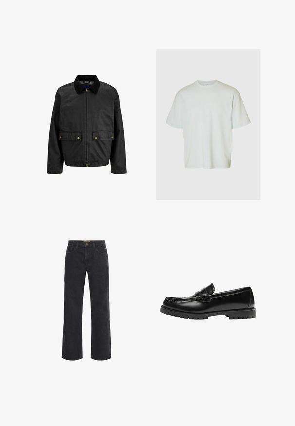 Sort bomuldsjakke med lynlås foran, corduroykrave, to forlommer med guldfarvede knapper, og en struktureret overflade.; Selected SLMLOOSEOSCAR - T-shirts basic - ice melt; Sorte denim bukser med vid ben, knaplukning, fem lommer og en let slidt tekstur. Lige snit fra talje til søm.; Sort læderloafer med en kraftig gummisål og klassiske penny-strap detaljer, vist fra ydersiden.
