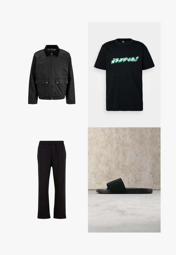 Zwarte katoenen jas met een rits aan de voorkant, corduroy kraag, twee voorzakken met gouden knopen en een textuurafwerking.; Zwarte katoenen t-shirt met opvallende groene en witte grafische tekst "WHAT IS?" aan de voorkant. Ronde hals en korte mouwen.; Urban Classics Trainingsbroek - black; Zwarte instapsandaal met brede band, liggend op een beige tapijt nabij een ronde, glanzende bruine salontafel tegen een houten betegelde muur.
