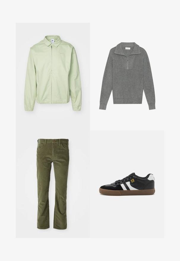 Lys grøn jakke lavet af glat stof, med krave, frontlynlås, elastiske ærmer og et diskret logo på brystet.; Grå ribbet sweater med lynlås på kvart-kraven, lange ærmer og struktureret strik. Ingen synlige logoer eller mønstre.; Olivengrønne fløjlsbukser med forlommer, bæltestropper, knaplukning og let udvidelse ved benåbningerne.; Sorte og hvide sneakers med overdel i ruskind og læder, der har hvide striber, sorte snørebånd og en brun gummisål. Guld logo detaljer.