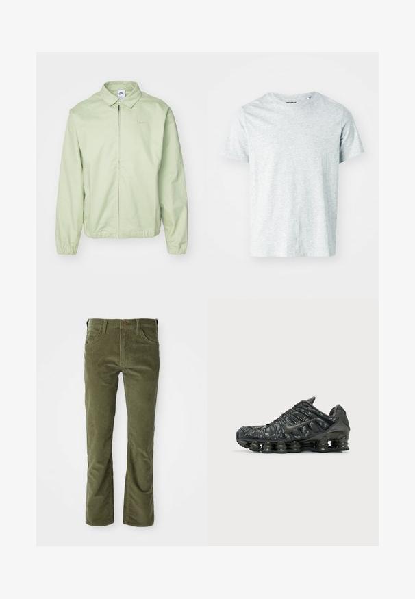 Svetlozelená bunda vyrobená z hladkej textílie, s golierom, predným zipsom, elastickými manžetami a jemným logom na hrudi.; Svetlo šedé tričko s krátkym rukávom vyrobené z mäkkej tkaniny, s okrúhlym výstrihom a mierne voľným strihom. Žiadne viditeľné vzory ani grafika.; Olivové kordové nohavice s prednými vreckami, pútka na opasok, zapínanie na gombík a miernym rozšírením na koncoch nohavíc.; Čierna bežecká obuv Nike so segmentovaným odpružením podrážky a bielym škvrnitým vzorom na vrchnej látke, zobrazená z vonkajšej strany.