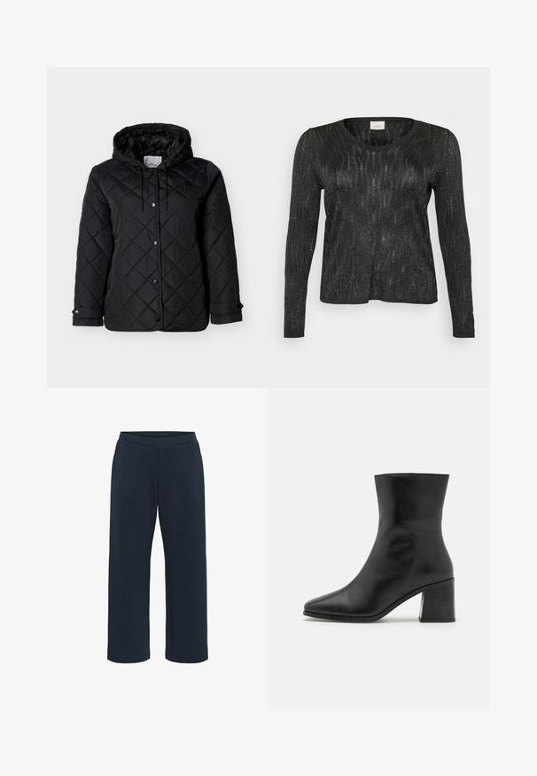 Veste noire matelassée avec capuche, fermeture à boutons-pression à l'avant, cordons ajustables et poches latérales. Texture lisse avec motif en losanges.; Pull noir à manches longues avec un design texturé et scintillant. Doté d'un col rond et d'une bordure côtelée au bas et aux poignets. Tissu léger.; Pantalons en mélange de coton, coupe confortable, couleur bleu marine foncé, avec une taille élastique et des jambes droites. Sans poches ni coutures visibles.; Bottines en cuir noir, bout pointu, texture lisse, talon bloc de hauteur intermédiaire, design minimaliste et finitions cousues le long du col.