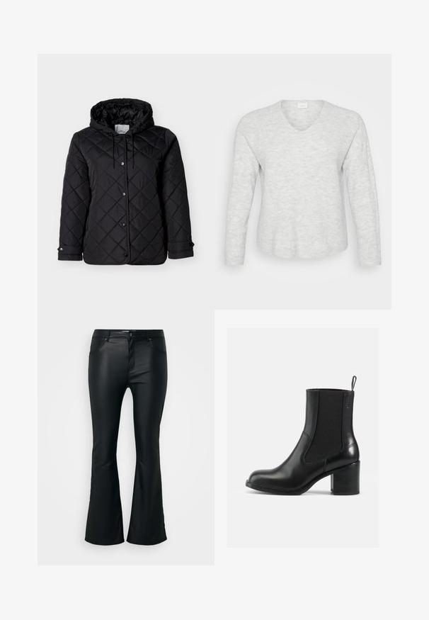 Chaqueta negra acolchada con capucha, cierre frontal de botones a presión, cordones ajustables y bolsillos laterales. Textura suave con patrón de diamantes.; Suéter de manga larga gris claro con textura acanalada, escote en V y dobladillo ligeramente curvado. Material suave con variaciones sutiles en el patrón.; Pantalones negros de campana fabricados con un material suave y brillante. Presentan cinco bolsillos, trabillas y una cremallera con cierre de botón.; Botín de cuero negro hasta el tobillo con paneles laterales elásticos, punta redonda y tacón cuadrado. Textura suave con detalles de costura mínimos.