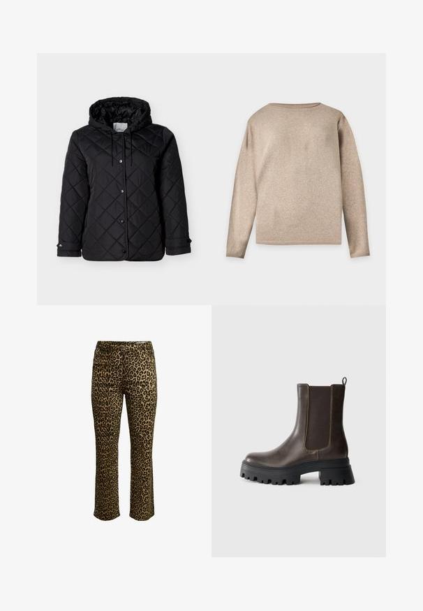 Sort quiltet jakke med hætte, forside med trykknapper, justerbare snore og sidelommer. Glat tekstur med diamantmønster.; Beige langærmet strikket trøje med rund halsudskæring og ribstrikkede manchetter og kant, vist på en ensfarvet lys baggrund.; Leopardmønstret bukser med slim fit, knaplukning og syning i taljen samt let stræk for komfort.; Brune læder ankelstøvle med elastiske sidepaneler, kraftig sort gummisål, hævet hæl og kontraststingdetaljer.
