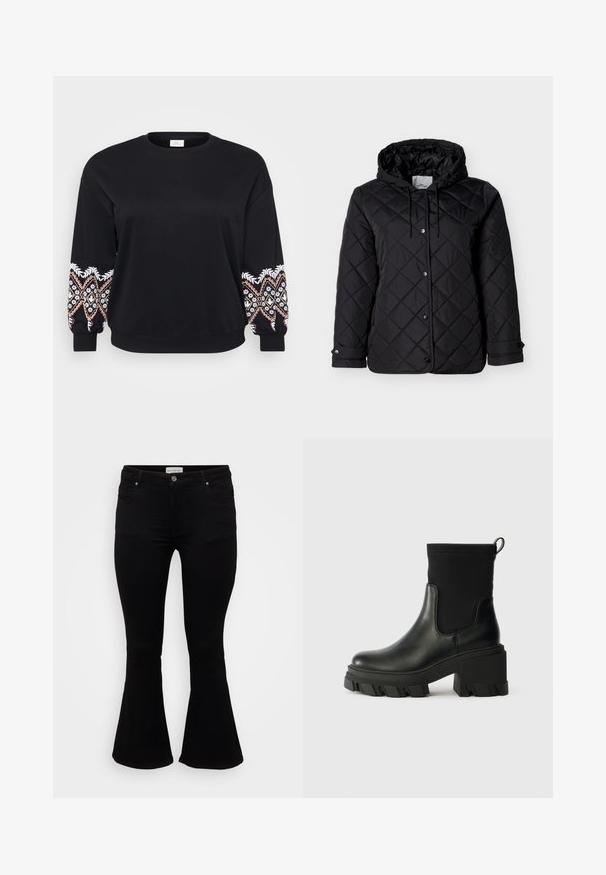 Sort quiltet jakke med hætte, forside med trykknapper, justerbare snore og sidelommer. Glat tekstur med diamantmønster.; Sort sweatshirt med rund hals. Lange ærmer med intrikate broderede mønstre i hvid, pink og gul på manchetterne. Blødt stof.; Sorte flare jeans lavet af blød denim, med en tætsiddende talje, frontlommer og en flagrende kant for en afslappet pasform.; Sort ankelstøvle lavet af læder og elastisk stof, med en kraftig hæl, tykk gummisål og en løkke bagpå.