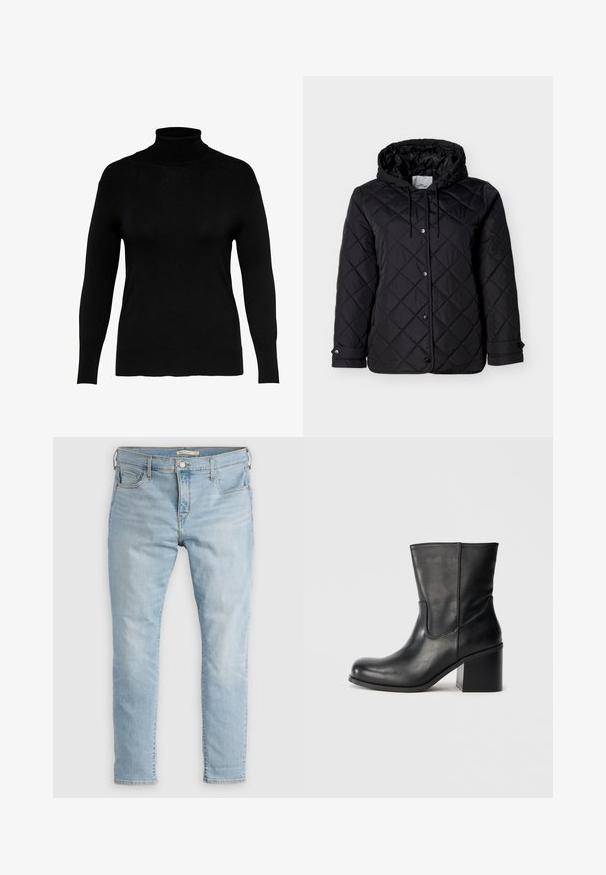 Sort quiltet jakke med hætte, forside med trykknapper, justerbare snore og sidelommer. Glat tekstur med diamantmønster.; Sort turtleneck sweater lavet af blødt strikket stof, med lange ærmer og en tætsiddende pasform, en glat tekstur og minimal dekoration.; Lyseblå denimjeans med slim pasform, fem lommer og knaplukning. Har diskret falmning og kontrastsyning langs syningerne.; Sort læderankelstøvle med rundet tå, sidesømme og en chunky blokhælk. Glat tekstur og minimalistisk design.