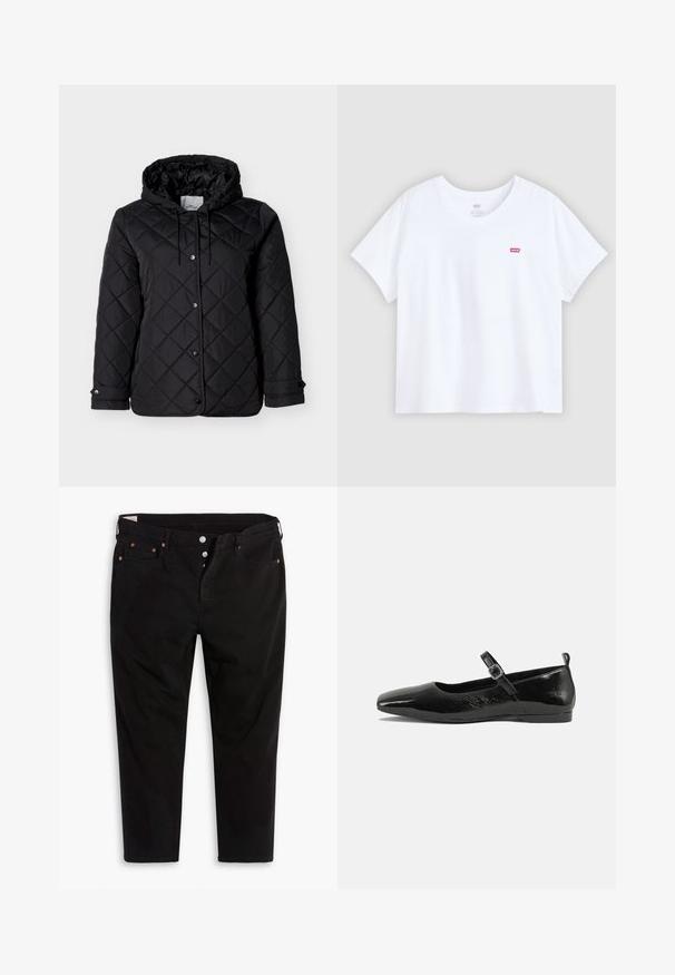 Sort quiltet jakke med hætte, forside med trykknapper, justerbare snore og sidelommer. Glat tekstur med diamantmønster.; Hvid bomulds T-shirt med korte ærmer og rund hals. Har et lille rødt logo på venstre bryst. Glat texture og løs pasform.; Sorte denimbukser med lige ben-design. Har fem lommer, metalknaplukninger og orange syninger som detaljer. Fremstillet af bomuld.; Sorte patentlæder flade sko med spidse tæer, en ankelrem med spænde og en glat, blank tekstur. Lav hæl for komfort.